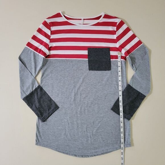 Lucky Red White Stripe Colorblock Long Sleeve Blouse Top - Picture 8 of 13